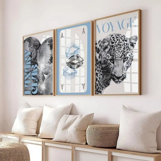 Light Blue Leopard Gallery Wall Art Set of 3 Trendy Fashion Stylish Prints Decor Office Aesthetic Cool Wall Art Fashion Magazine Luxury Club 1