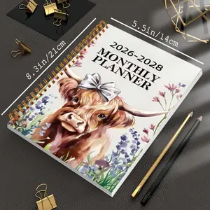 1 Copy 2026-2028 3-Year Planner - Elegant Floral Cow Design, Highland Cow, Weekly and Monthly Layouts, Spiral-Bound Planner Notebook, Suitable for Office, School, Home, Gift - Durable Paper Organizer, School Supplies, Romantic Theme, Sturdy Binding