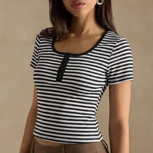 Womens Summer Stripe Henley Top Slim Fit Short Sleeve Casual Tee Blouse Everyday Basic