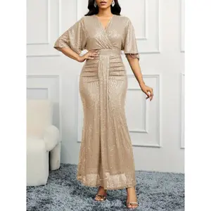 Sequin surplice-neck cocktail dress; elegant ruffle-sleeve mermaid-hem dress for parties and banquets; women’s clothing—wedding/evening dress/occasion/engagement/ceremony fabric formal womenswear dark green workwear polyester V-neck