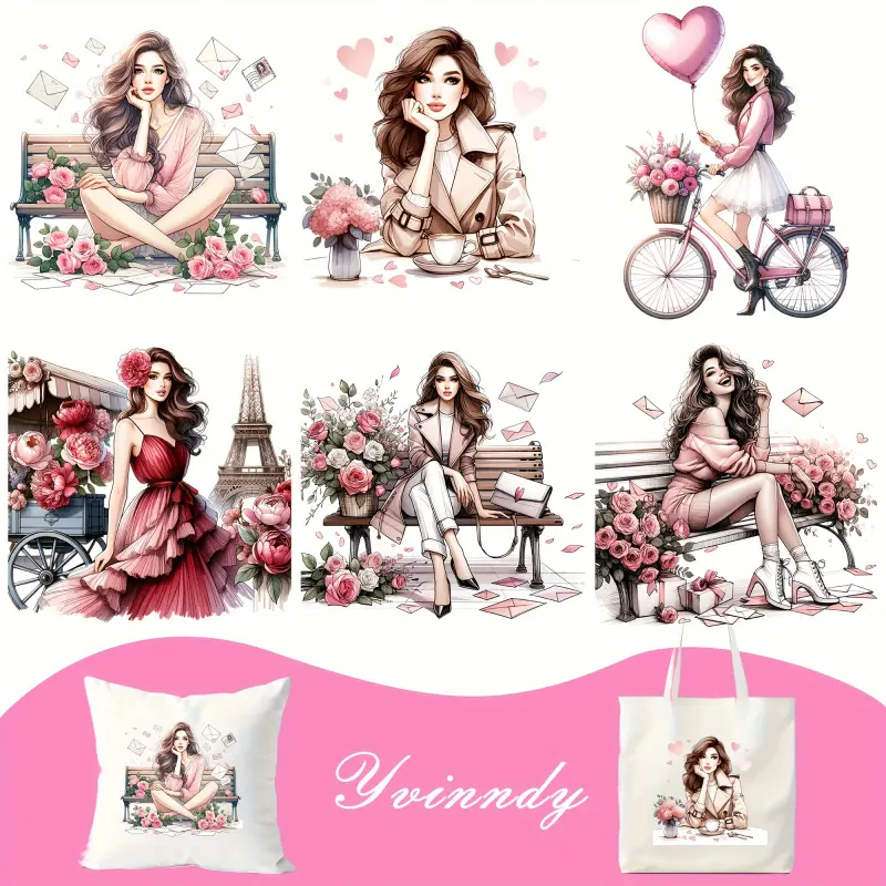 6 Sheets Paris Valentine's Day Heat Transfer Vinyl Stickers Romantic Pattern DIY Tshirt Decoration Washeable Iron on Cloth Stickers High Definition Print