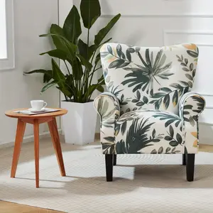 Mid Century Wingback Arm Chair, Modern Upholstered Fabric High Back Accent Chair with Wood Legs, Upholstered Single Sofa Club Chair for Living Room, Bedroom, Home Office, Green Leaves