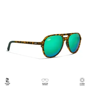 Mavericks Vipers Tortoiseshell Frame Green Mirrored Lenses UV400 Polarized TR90 Flexible No-Slip Nose Pads Ultra-Light Aviator Design