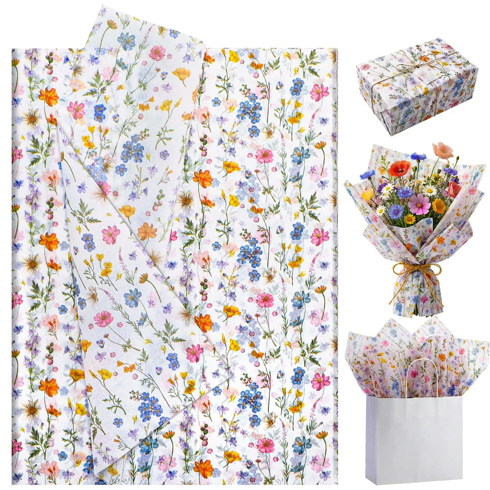 Bulk Pack Floral Tissue Paper - 60 Pcs 14x20 In Smooth Vintage Prints, Gift Wrapping Supplies with Decorative Touch, Great for Arts and Crafts, Bouquet Wrapping, Wedding Decor