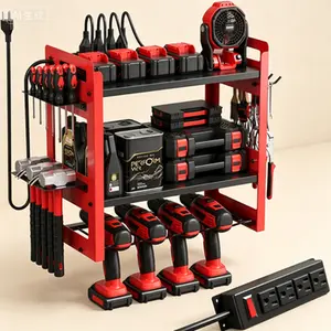 Heavy Duty Wall Mount Tool Organizer with Charging Station, 3-Tier Metal Garage Workshop Storage Rack, Includes 4 Drill Holders and 6FT Power Strip for Power Tools, Workshop Tool Organization Solution, Red
