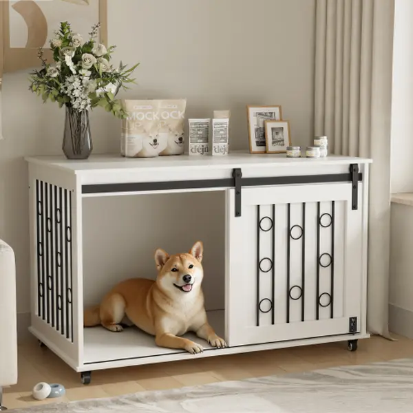 【Bellemave】39.37'' Modern Wooden Dog Crate Furniture with Sliding Barn Door and Side Door, Indoor Dog Kennel End Table for Small to Medium Dogs, Decorative Pet Crate with Metal Bars and Lockable Wheels – White