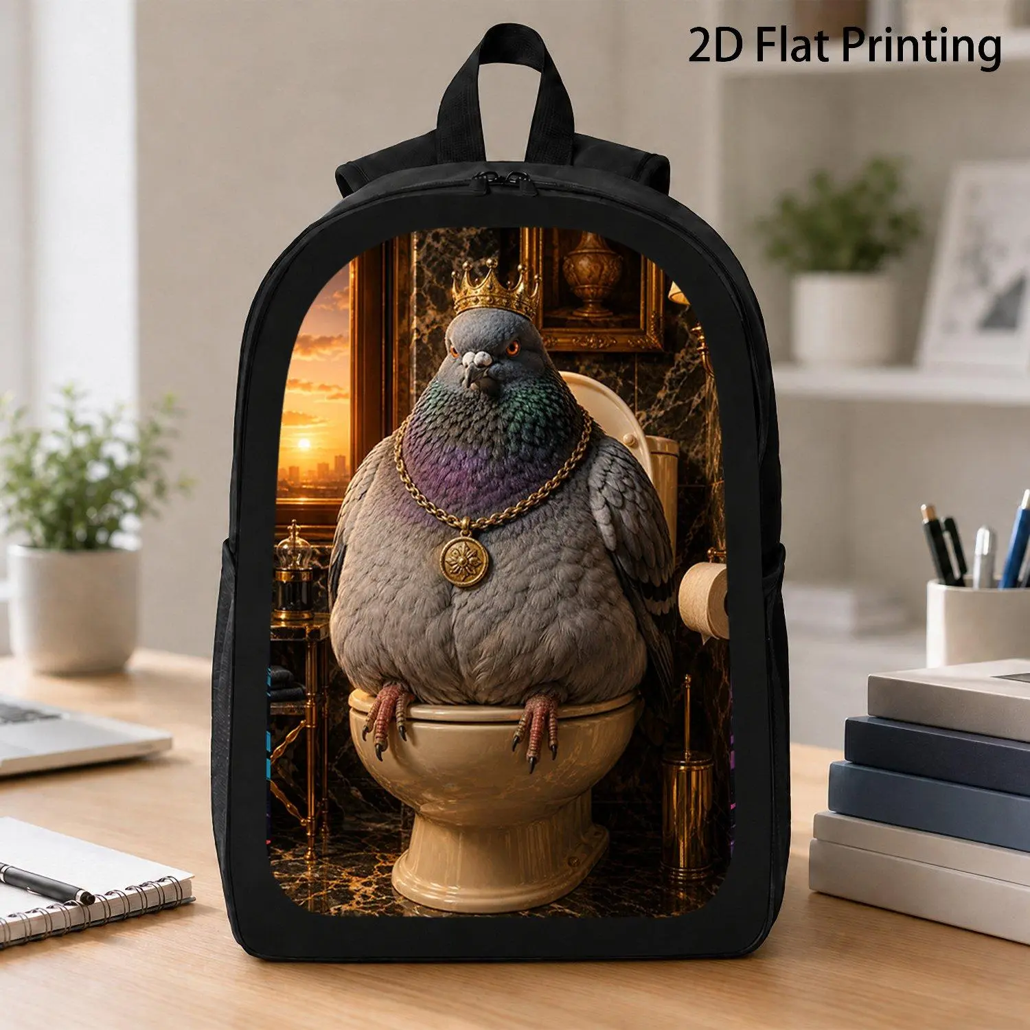 [17 Inch Backpack] 1pc Royal King Pigeon On Luxury Toilet Graphic Backpack Cool Bird Art Fashion Backpack Daily School Travel Laptop Backpack Unique Novelty Accessory