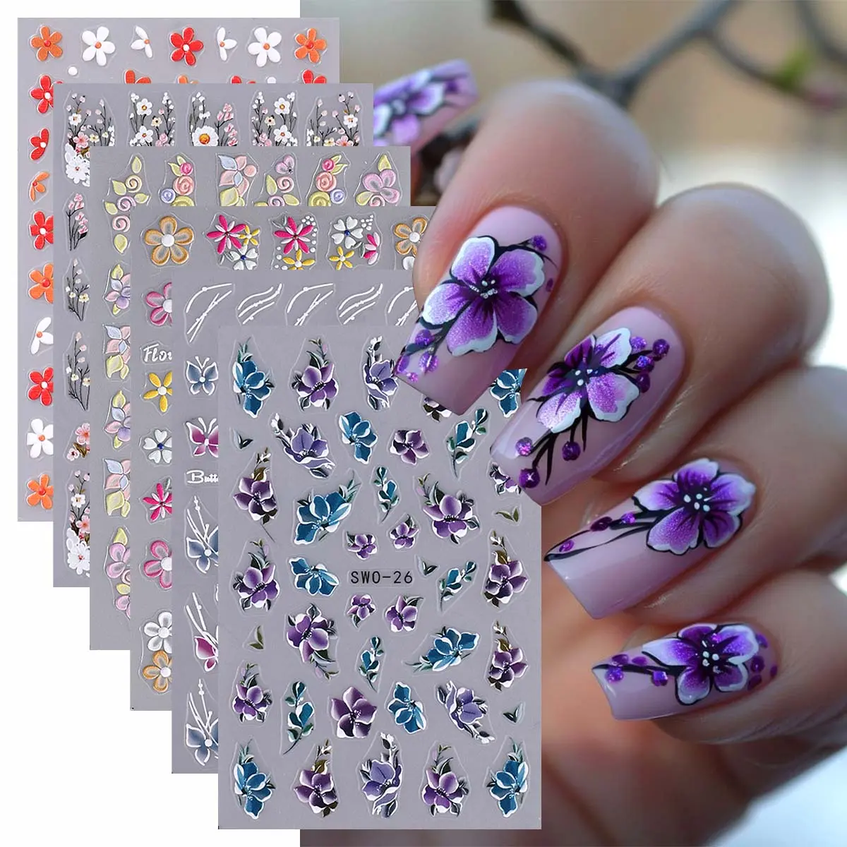 Flower Pattern Nail Art Sticker (6 Counts), Self Adhesive Nail Decal, DIY Nail Art Decoration for Women & Girls, Flower Design Nails, Nail Designs
