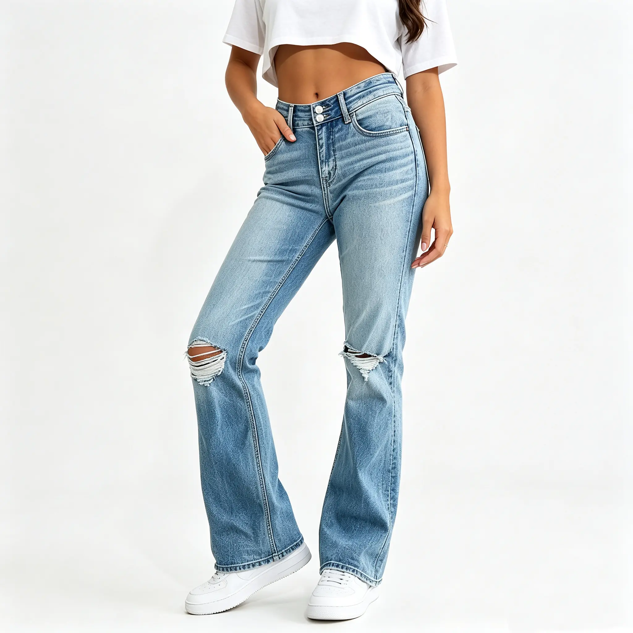Women's Stretch Front Ripped Jeans with Cuffs Comfortable Fit - Perfect for Everyday Wear Vintage Jeans lady basic minimalist Womenswear