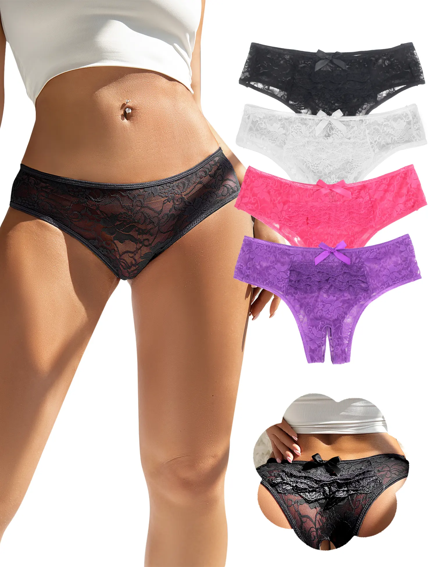 Women Crotchless Cheeky Panties Sexy Lace Thongs Trim Plus Size Low Rise Underpants Briefs Hipster Thong Soft Comfy Breathable Curvy Sheer Knickers for All Seasons Elastic Womenswear Fit Honeymoon Vacation Special Night Gift Lingerie Underwear S-4XL