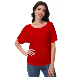 Women's Boat Neck Dolman Top for Daily Wear, Short Sleeve, Solid Color, with Lady Comfort Clothes and Side Shirring Detail