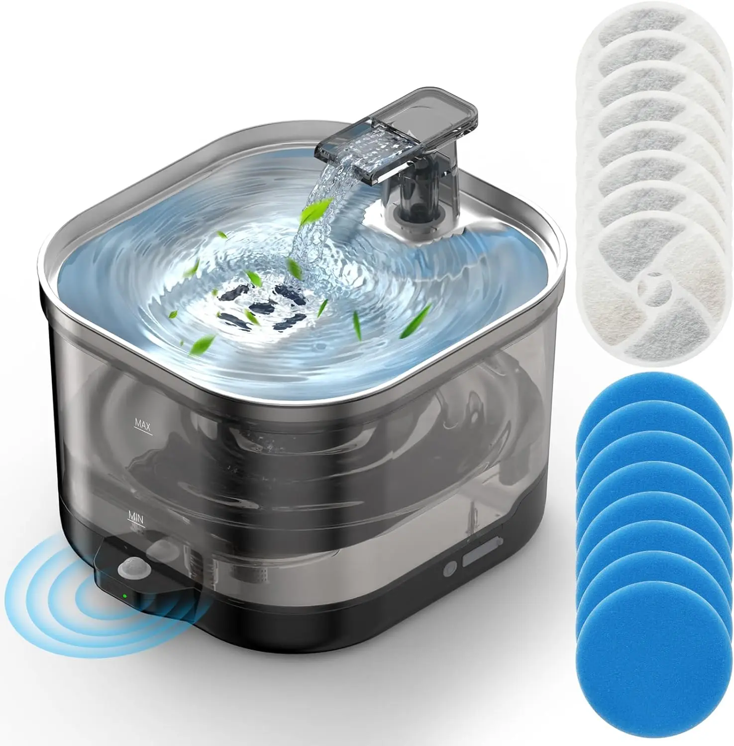 Cordless Stainless Steel Automatic Cat Water Fountain - 2L BPA-Free Easy-to-Clean Automatic Water Bowl, 5000mAh Battery (50 Days Life), Motion-Sensor Flow, Quiet Pump, 4-Stage Filter, 8PCS Replacement Filters, Detachable Tank for Cats