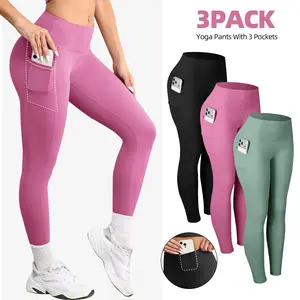 CHRLEISURE 3PCS Leggings with Pockets High Waist Women's Workout Wear Pants for Yoga Regular style and Fleece-lined style
