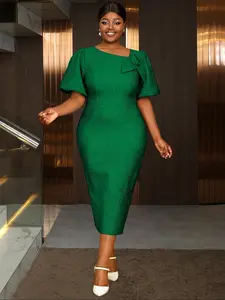 Plus Size Dress AM050130, Floral Embroidered Bubble Short Sleeve A-Line Skirt, Elegant Package Waist Design, Perfect for Summer Events, Elegant Fit Dress