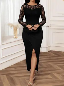 Women's dress, solid color, round neck, lace trim, long sleeves, slit hem, elegant, slim fit, fashionable and comfortable, Elegant Classy Flattering. Suitable for parties, banquets, and dinners.