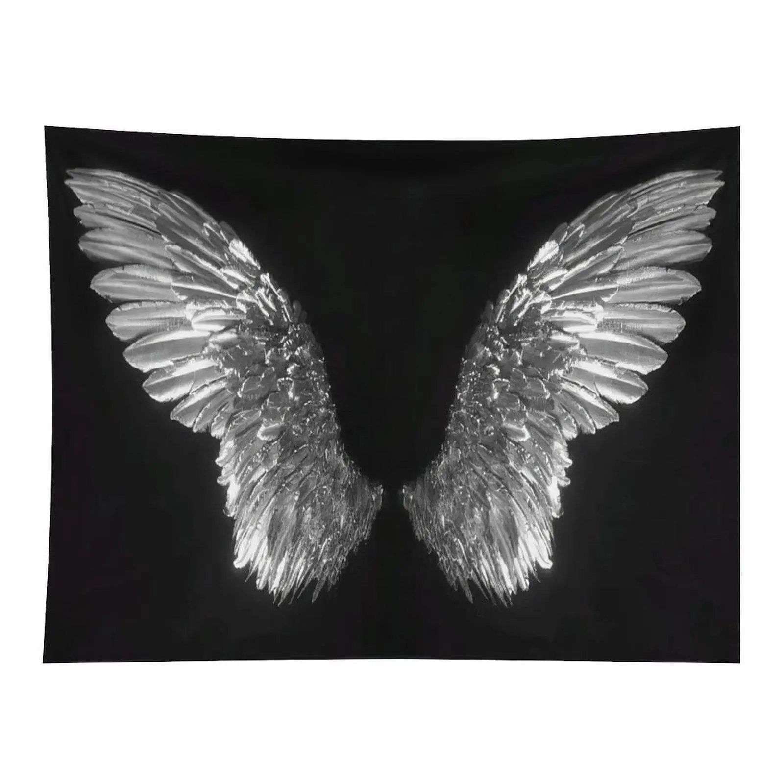 Silver Metallic Angel Wings Black Background Minimalist Wall Tapestry Wall Hanging, Sacred Gothic Aesthetic Simple Wing Art Decor for Photo Booth Backdrop