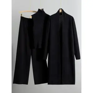 Trendy Knit Turtle Neck Tank & Wide Leg Trousers With Open-Front Long Cardigan Three-Piece Sets