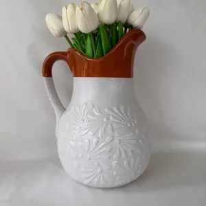 Handmade Talavera White Jarra with Brown Rim - Decorative Vase for Flowers, Ideal for Home Decor