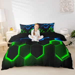 Honeycomb Bedding Duvet Cover Set,Hexagon Theme with Green Blue Neon Lights Comforter Cover,Boys Teen Man Chic Creative Home Bedding Set,Quilt Cover,Black
