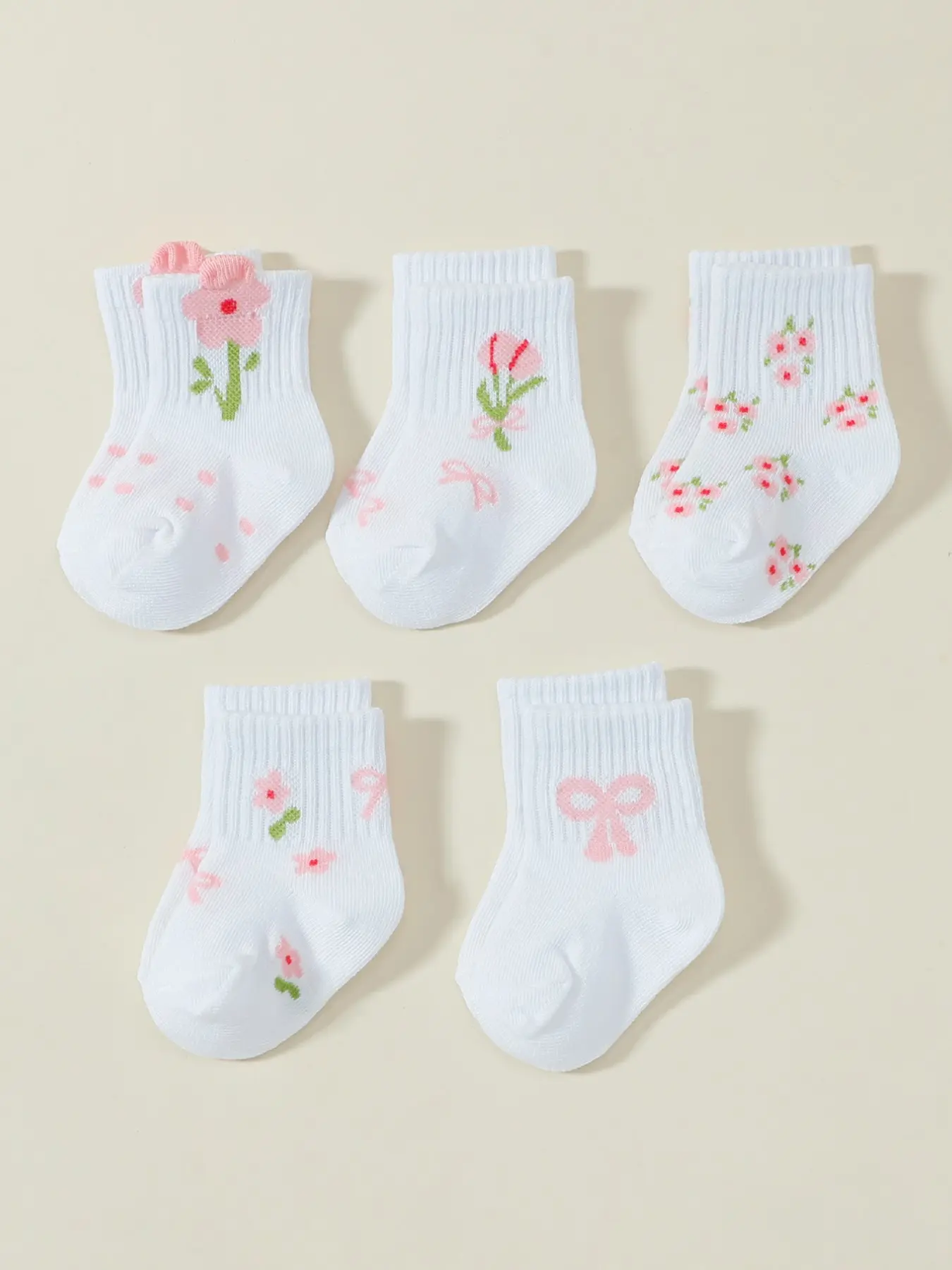 5 Pairs Spring Autumn Baby Socks with Flower & Bow Design, Cute and Comfortable Crew Socks, Perfect for Birthday Gifts, Soft Comfy Socks, Cute Textured Socks, Socks Set, Infant Socks, Baby Clothing