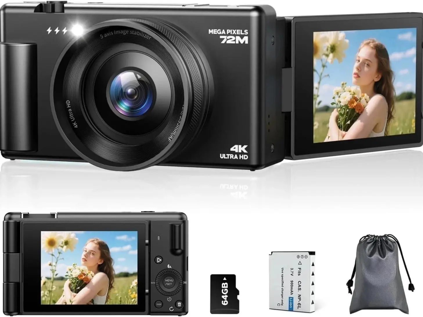 K Point & Shoot Digital Camera for Photography - 72MP Autofocus, 2.8" 270° Flip Screen, 18x Zoom