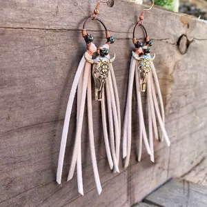 Fierce Fringe Couture Hypoallergenic Fringe Bullhead Earrings with Turquoise Beads and Leather Tassels