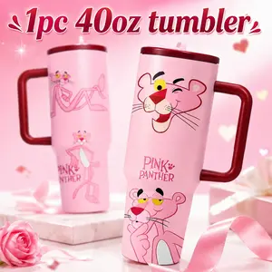 1 Pc 40oz insulated mug, Thermal cup, large capacity vacuum cup, double wall, leak proof, with handle and lid, skinny design, for hot cold drinks, keep hot 12h cold 24h, Pink Panther cartoon print, gift for women girls, Valentine's Day travel use tumbler