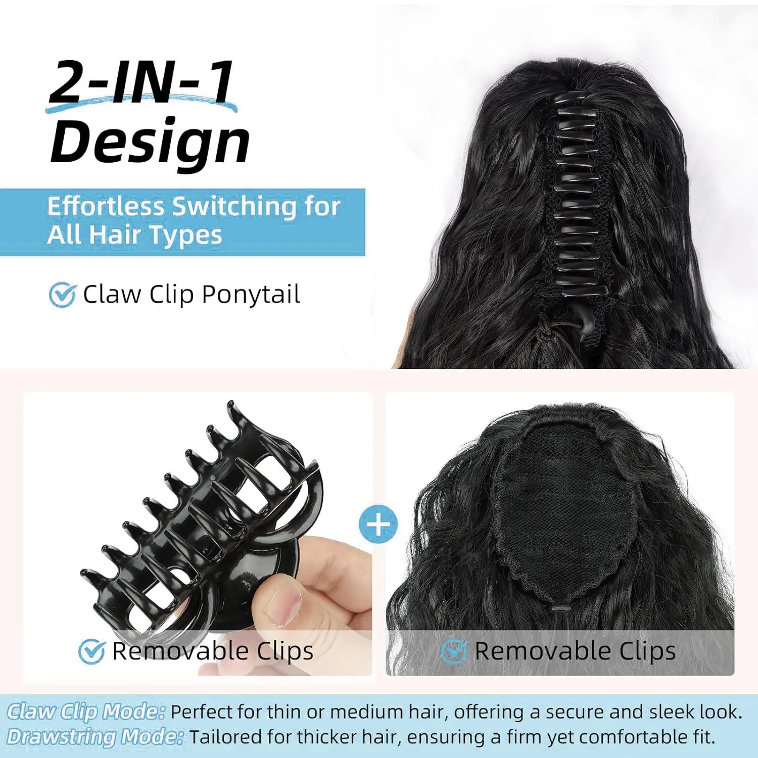 Clip On Ponytail Extension Fluffy Layered Synthetic Heat Resistant Clips In ORSUNCER Black Ponytail Extension Claw Clip - Long Curly  main image 2