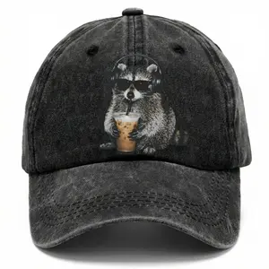 Raccoon Drinking Iced Coffee Washed Hat, Funny Animal Meme Graphic Cap, Coffee Lover Gift, Funny Raccoon Baseball Hat