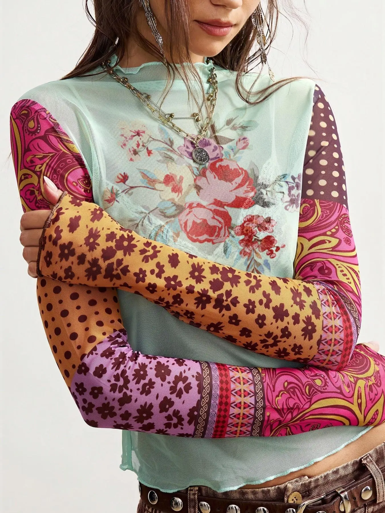 Vintage color-blocked spliced mesh long-sleeve, sexy see-through floral print layered top, French vacation style floral patchwork mesh long-sleeve T-shirt, vintage floral color-blocked ruffle slim-fit top Chic All Season Top