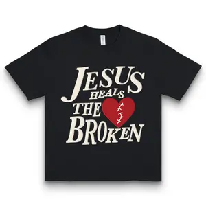 Men's Classic Fit Short-Sleeve Round Neck Christian Faith T-Shirt, Jesus Heals The Broken Heart Inspirational Bible Verse Graphic Tee, Casual Religious Gift Unisex Sports Top - Love