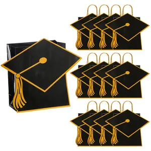 7 1/4" x 9" Medium Black Gift Bags with Graduation Cap - 12 Pc.