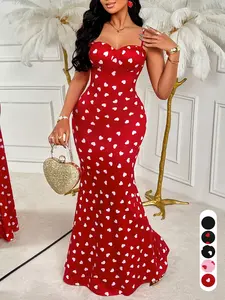 Women's Elegant Sleeveless Heart Pattern Dress, Spring Summer Casual Long Slim Fit Fish Tail Hem, Pure Color Backless Design