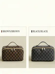 New PU Floral Grid Makeup Bag, Cosmetic Pouch, Multi-Functional Portable Handheld Cosmetic Case, Waterproof Makeup Storage Travel Organizer, Stylish and Practical Design