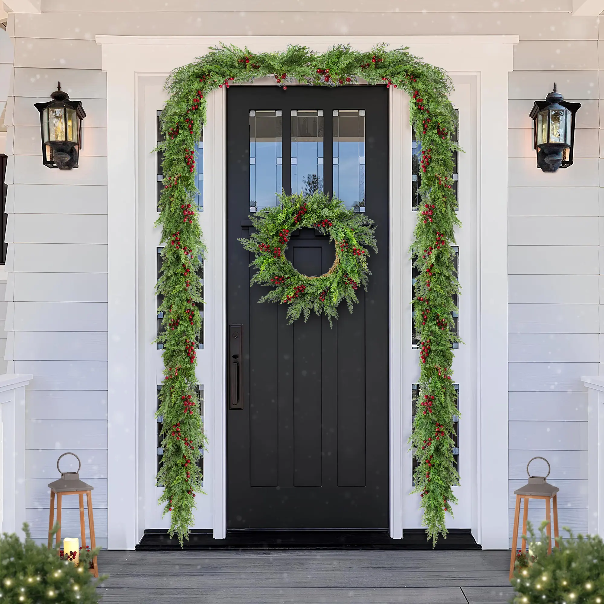 Glizthome 6FT/9FT Christmas Greenery PE Dripping Cedar Garland & 24"D Wreath with Red Berries