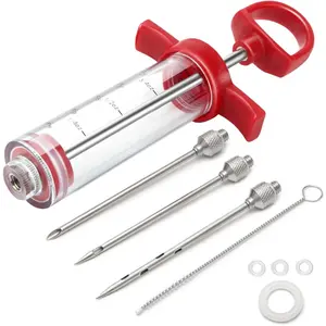 Meat Injector, 1-oz Plastic BBQ Marinade Injector Kit, Turkey Injector Syringe (3 Stainless Steel Meat Needles +3 Replacement O Rings + 1 Cleaning Brush) for Turkey Smoked BBQ