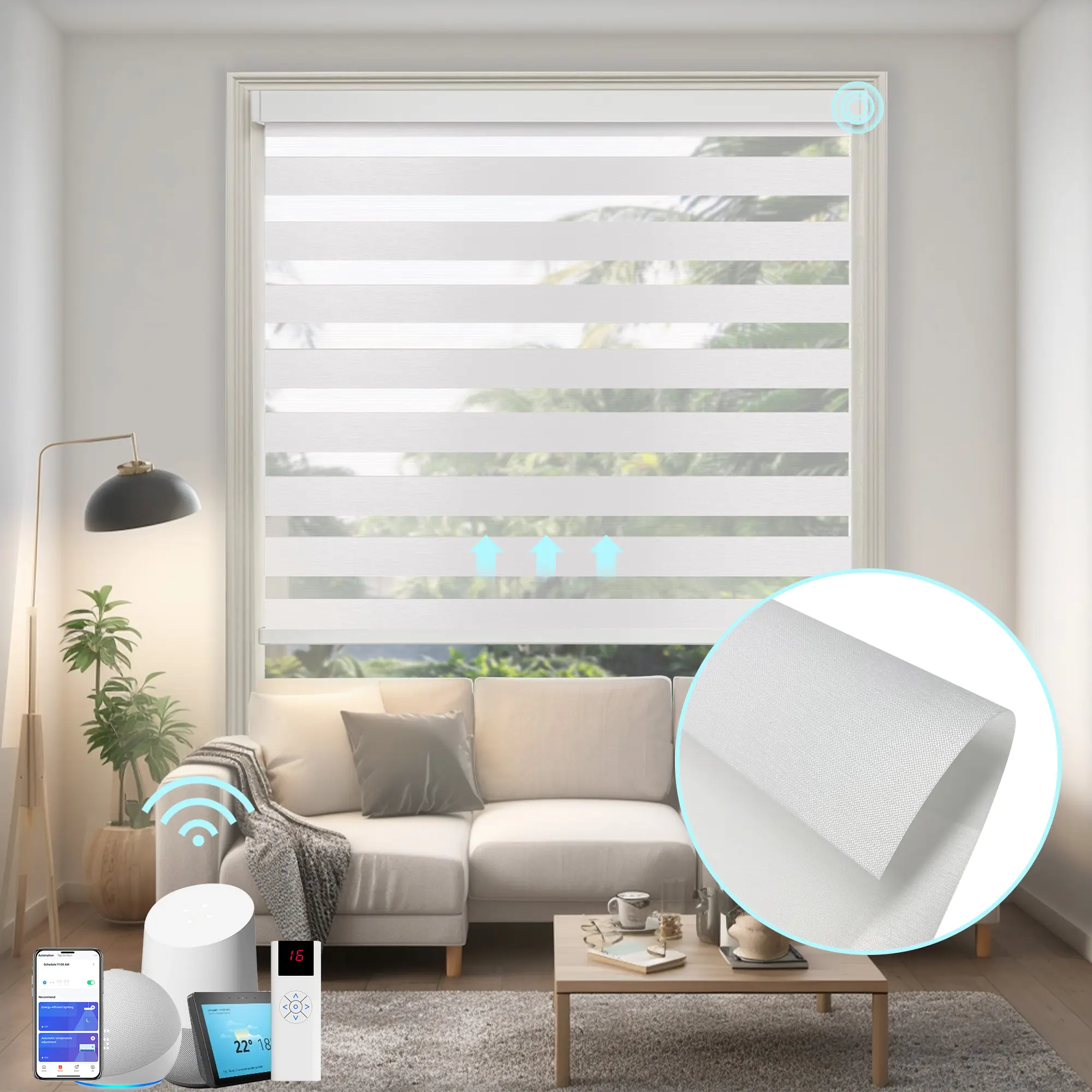 Motorized Zebra Blinds (Width 57"-90"), White Light Filter Fabric,  Remote controlled blinds for Windows,Cordless Auto Horizontal Curtains for Living Room, Kicthen, Kids Room