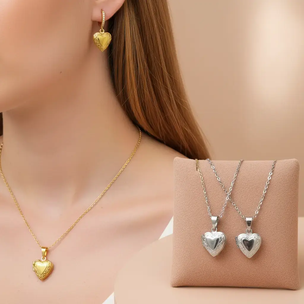 Stainless Steel Heart Locket Jewelry Set - Drop Earrings and Necklace, Ideal for Birthday Gifting
