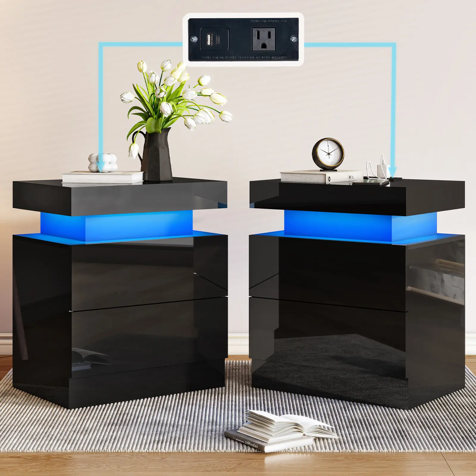 [TWO TABLES IN ONE BOX]VanAcc High Gloss Nightstand Set of 2 with Charging Station, Modern Bedside Table with LED Lights by App and Remote  Control, Sofa End Side Tables with Drawers, Minimalist Night Stand for Bedroom, Living Room