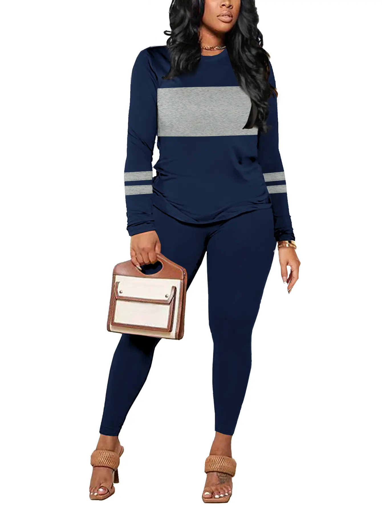 Women's 2-Piece Sporty Clothes Set - Longsleeves Striped Blazer, Casual Pants, Chic Everyday Style OOTD Womenswear