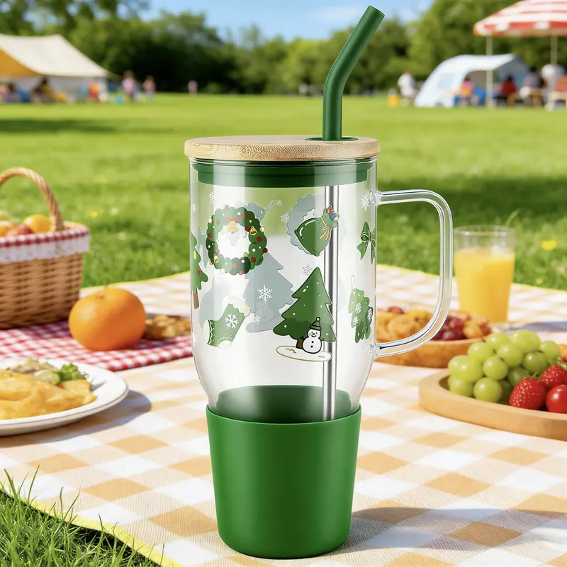 Women's 40oz (1000-2000ml) Sturdy Glug Glass Tumbler - Single Unit, Round Shape, Sturdy Handle, Lid, Straw-Compatible, Washable, Stylish Reusable Portable Cup for Formal Office, Christmas Dining, Indoor Use