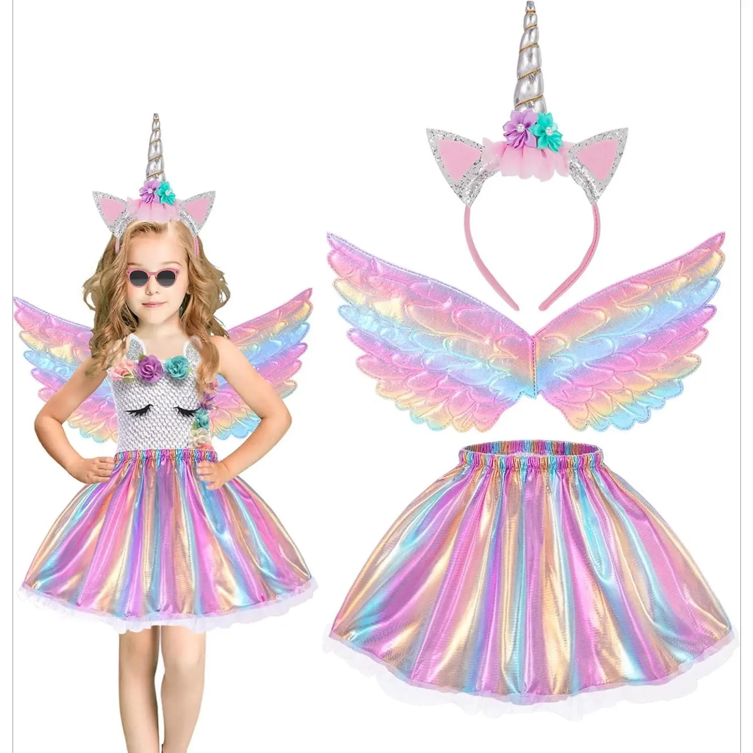 F-CPA14  Unicorn Costumes for Girl, Unicorn Birthday Tutu Dress with Unicorn Wings Headband for Christmas Gifts Party Outfit