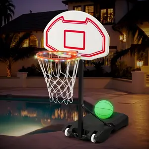 Swimming Pool Basketball Hoop Poolside, LED Height Adjustable 3-4.6 ft, 15" Light-Up Rim, Glow-in-The-Dark Basketball with Pump, Portable Poolside Game for Adults & Teens, Red/Black
