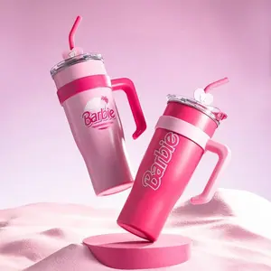 Miniso Fancy Barbie Collection Stainless Steel Water Bottles With Straw 54Oz(1600mL) Locking Leak-Proof Lid Travel Coffee Mug Tumbler With Handle Present For Girls