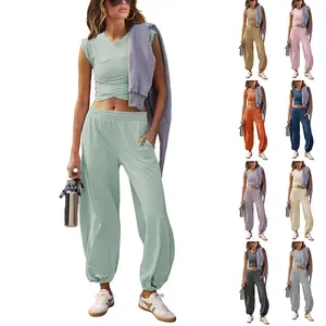 Ommig Womens Two Pieces Outfits Casual Lounge Sets Cropped Tops Sweatpants Tracksuit with Pockets