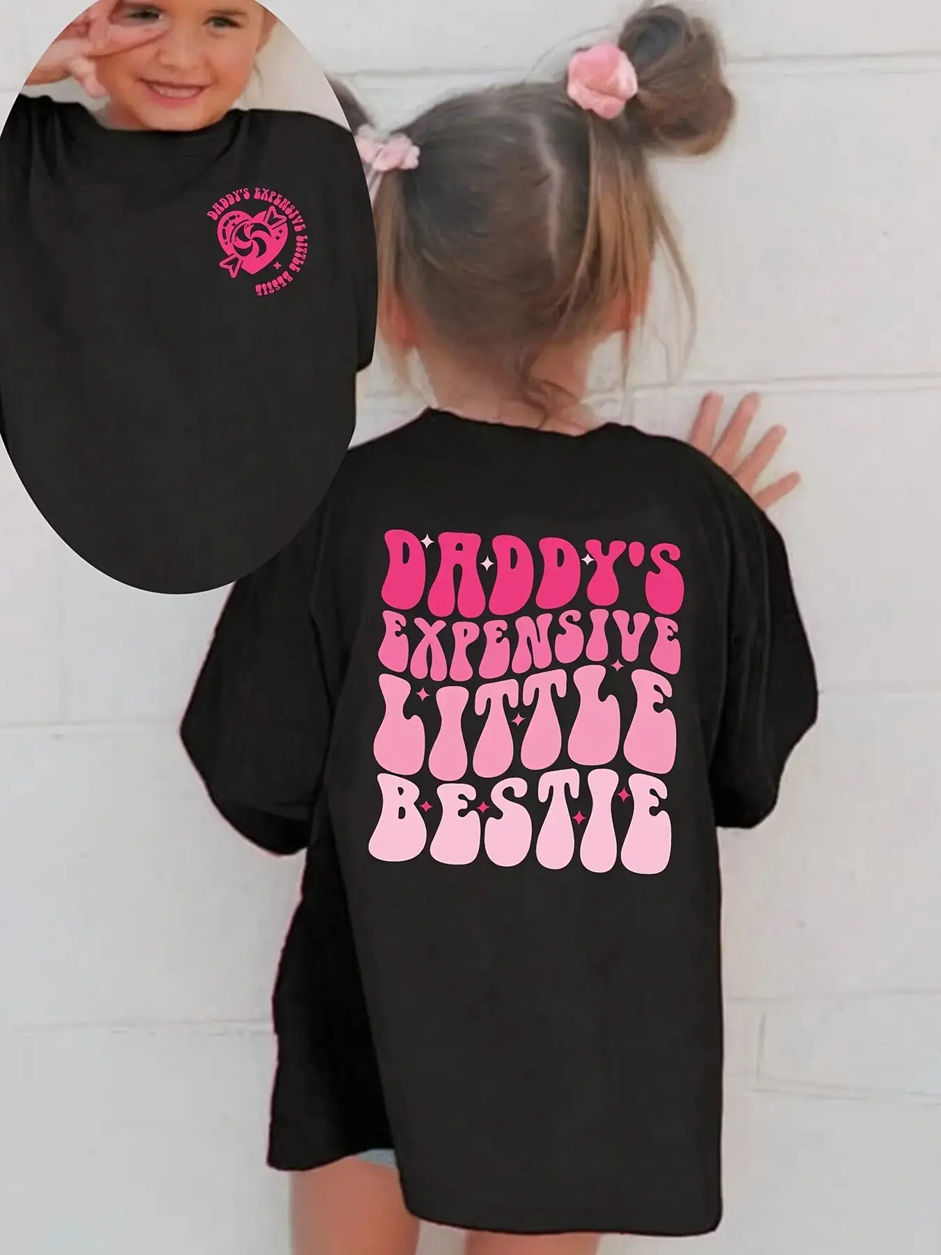 Girls' Cotton Short-Sleeve Crewneck T-Shirt - "Grandpa's Precious Little Bestie", Fade-Resistant Grandpa Love Checkerboard Casual Kids Clothing Top, Kids Clothing Girls