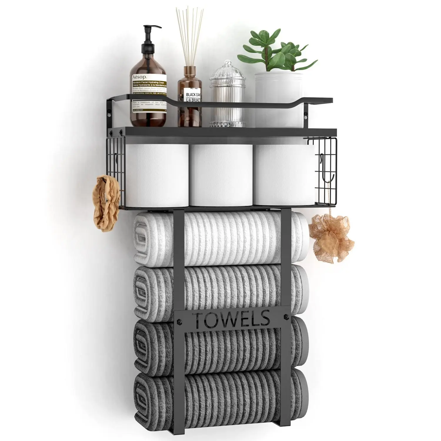 Aetyord Wall-Mounted Over-Toilet Towel Rack - Black Metal and Wood Organizer with Basket, Holds Rolled Towels, Toiletries, Saves Space for Small Baths, Bathroom Organizing Accessories