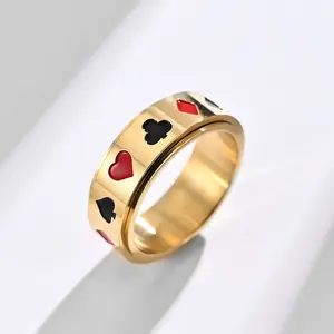 Spade, Heart, Plum Blossom, and Square Poker Card Pattern Titanium Steel Rotatable Ring Cross-Border Jewelry