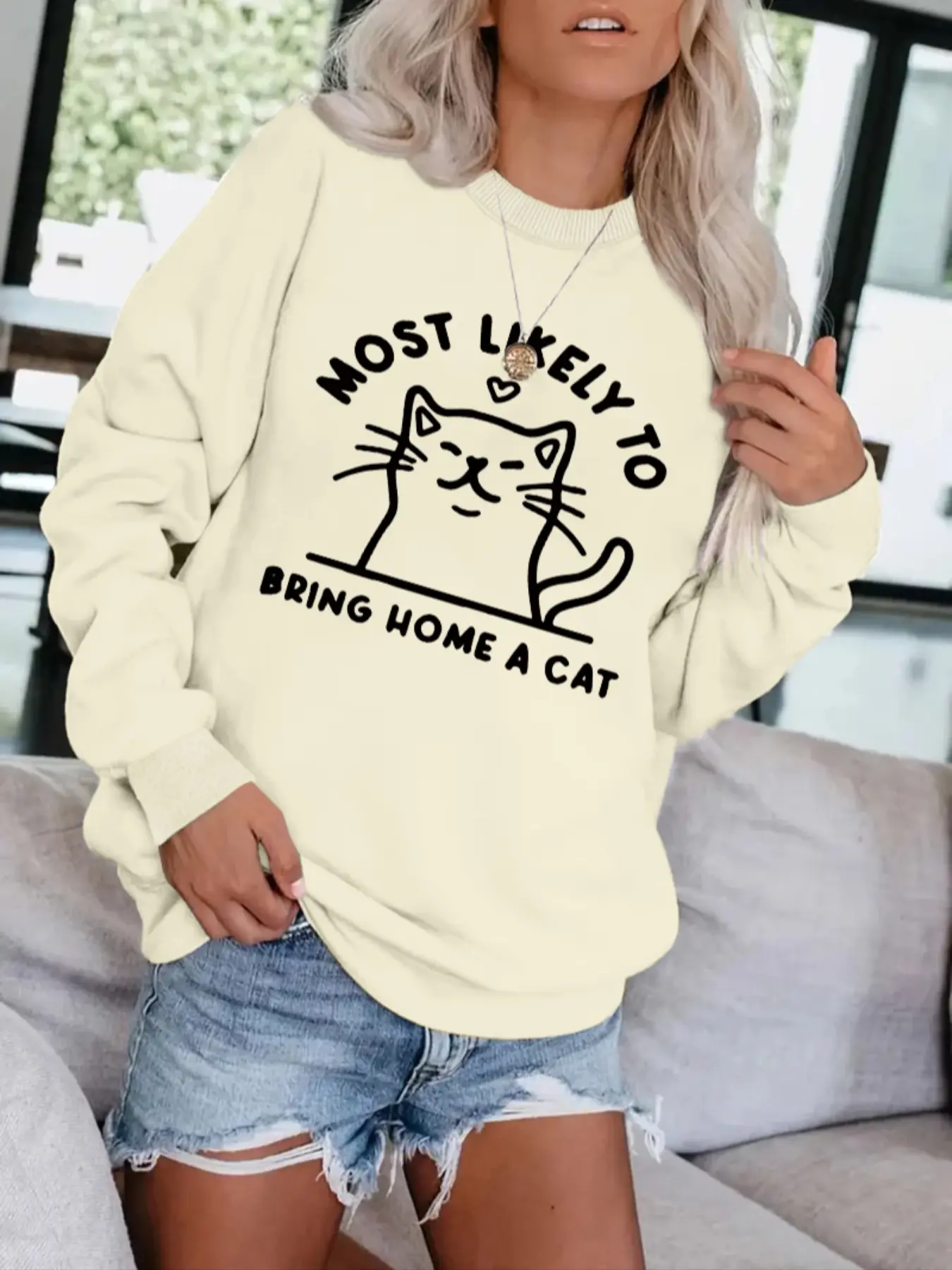 Women's Cute Cat Pattern Fitted Pullover Sweater, Soft Long Sleeve Round Neck Sweatshirt, Cute Animal Sweatshirt, Casual Daily Wear, Durable Fabric