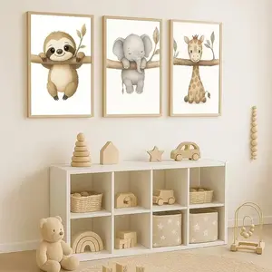 3pcs Cute Animal Art Posters for Kids Room, Elephant and Giraffe Canvas Prints, Unframed Wall Decor Gift for Nursery & Living Room
